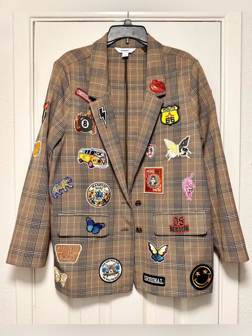 Upcycled Old Navy Plaid Blazer with Colorful Embroidered Patches